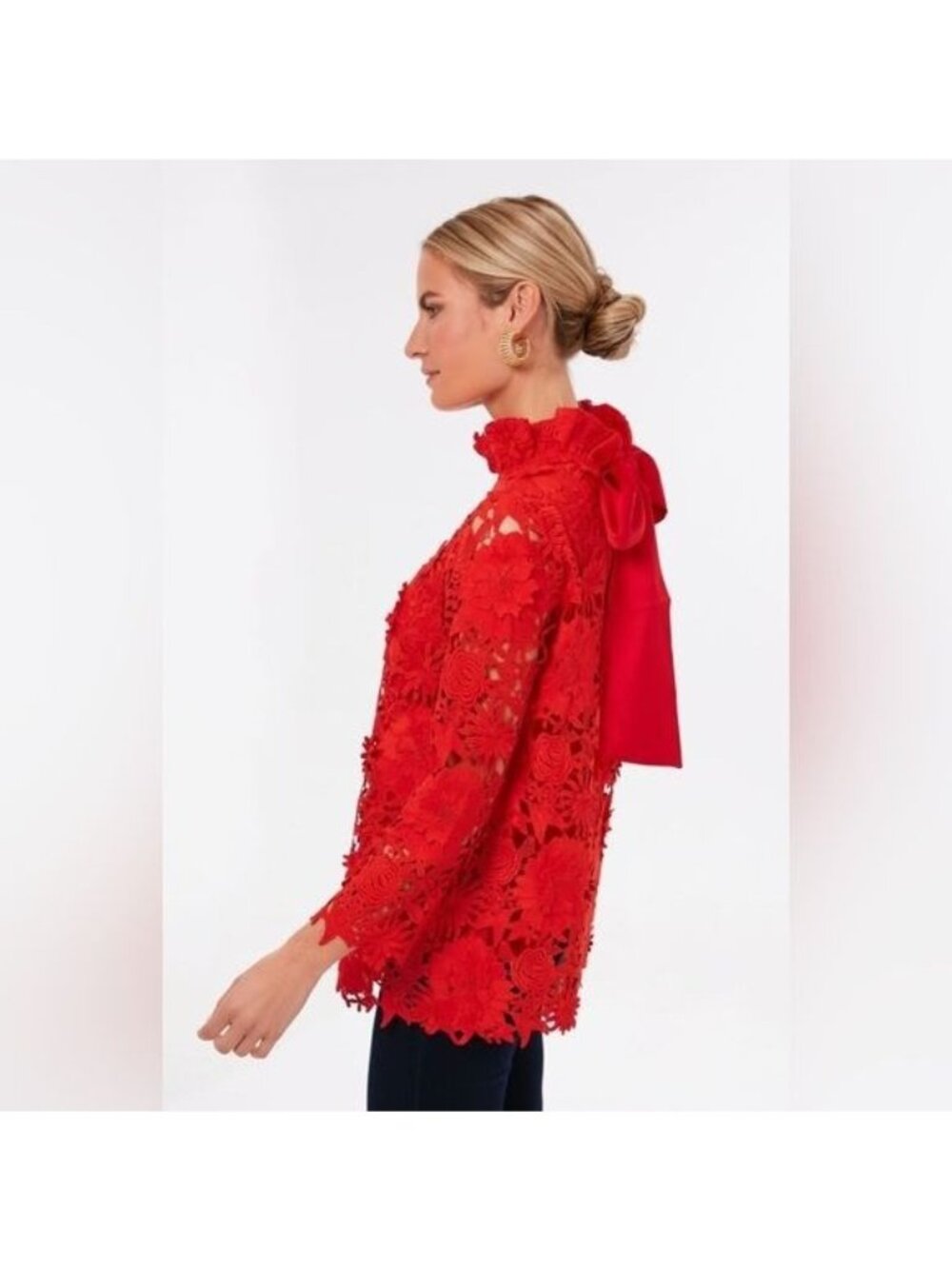 NWT Tuckernuck Guipure Lace Faye Top Blouse Bow Back Red 3/4 Sleeves Size XS - Picture 2 of 14